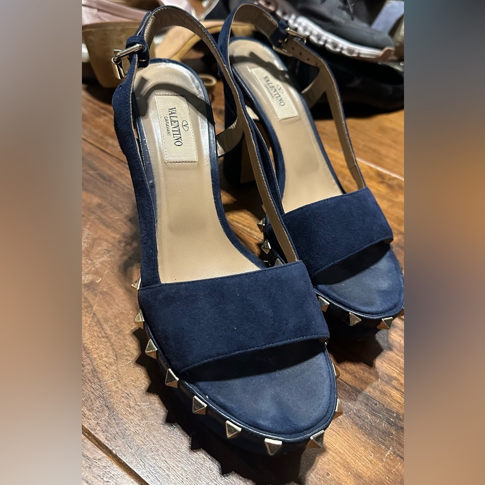 Valentino Garavani Stud Navy Platform Strap Sandal - Size 6.5